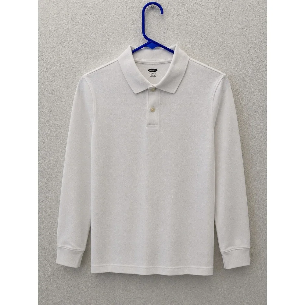 Old Navy Unisex White Long Sleeve Pique Polo Shirt Stretch L 10-12